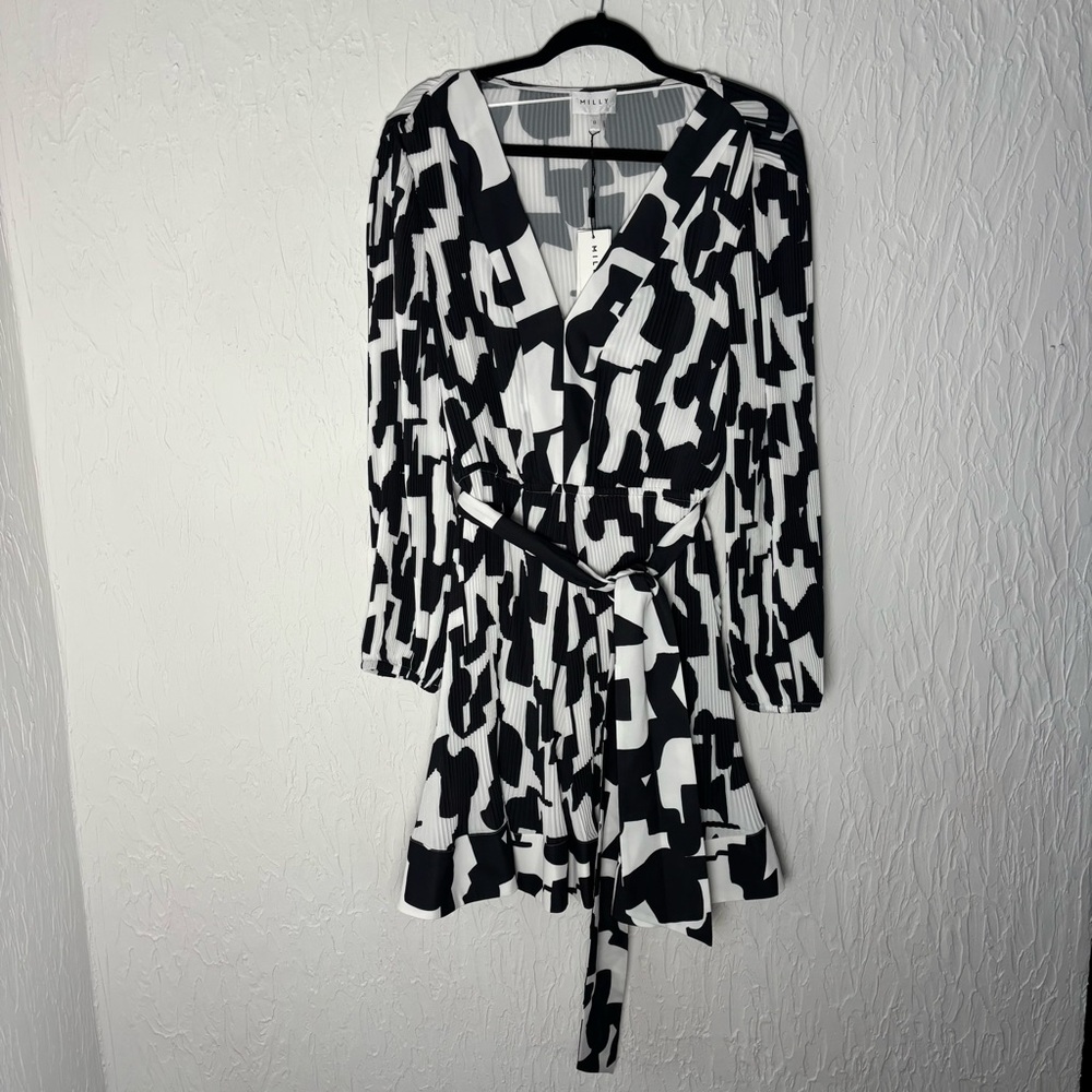 NWT Milly LIV GEO PLEATED MINI DRESS black & White Size 12 - Picture 2 of 8